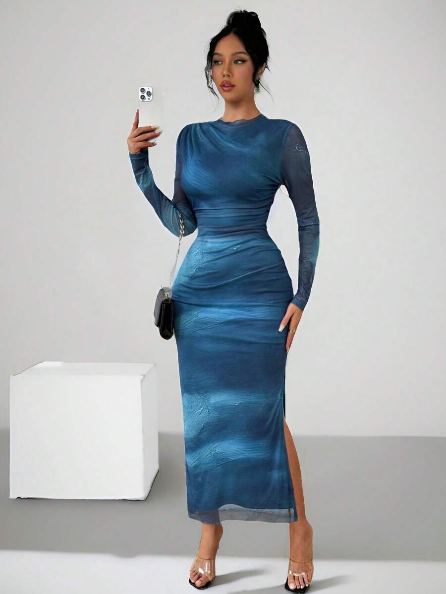 Rafferiza Women's Elegant Blue Tie Dye Ruched Elastic Waist Bodycon Dress, Autumn Maxi Women Outfit Fall Cloth For Women - Navy Blue - View 1