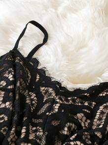 SHEIN Unity 大码全印花蕾丝拼接性感细肩带无袖连体裤 - 黑色 - 查看 4