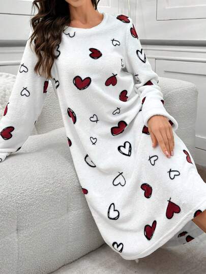 Flannel Heart Print Oversized Long Sleeve Sleep Dress, Fall Fluffy, Cozy view 5