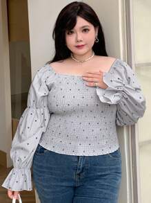 Dazy Plus 大码印花修身方领衬衫，荷叶边，秋季服装图案T恤 - 灰色 - 查看 3