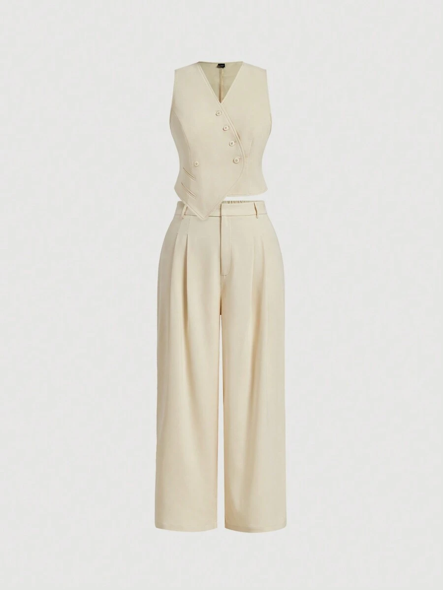 SHEIN MOD 大码女式复古休闲不对称下摆西装外套和裤子套装 - 卡其色 - 查看 1