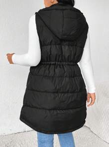 SHEIN Frenchy Plus Size Adjustable Waist Sleeveless Knee-Length Hooded Casual Warm Padded Coat For Women, Autumn/Winter - Black - View 2
