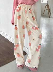 DAZY Cute Cartoon Pattern Flannel Thick Straight Leg Pajama Bottoms,Thermal Lined - Beige - View 8