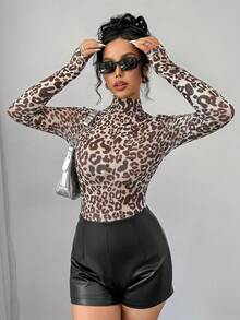 SHEIN Privé 1 chiếc áo cánh tay dài cổ cao họa tiết da báo cho nữ, vải co giãn cao - Nhiều màu - Xem 4