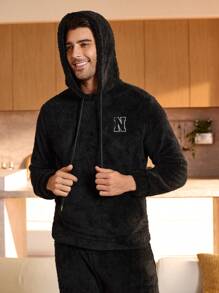 Men's Letter Printed Drawstring Hooded Fleece Top And Pants Loungewear Set, Fall/Winter Clothes, Fluffy Pajama - Black - View 6