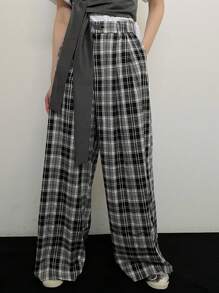 DAZY Pantalones casuales holgados de mujer a cuadros - Blanco y Negro - Ver 1