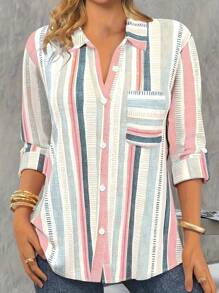 Camisa de cuello de solapa con botones y estampado de rayas para tallas grandes - Rosa - Ver 1