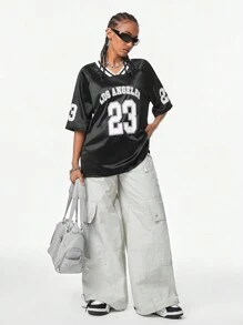 Muchica Women's Y2K Blokecore Oversized Motorcycle Racing Big Number Print Metal Material T-Shirt - Black - View 6