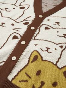 Manfinity EZcore 男士休闲撞色卡通图案开衫，秋季外出休闲落肩厚实猫咪图案开衫，送给老公、男友的礼物，猫咪开衫，可爱开衫，猫咪毛衣，小猫开衫，卡哇伊开衫，长袖上衣 - 彩色 - 查看 3