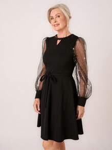 SHEIN LUNE 秋季女士锁眼领黑色网眼灯笼袖优雅派对短裙 - 黑色 - 查看 5