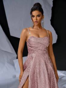 Glamrae 优雅奢华露背系带提花缎面长款派对礼服舞会礼服（重工）、正式晚会舞会礼服，适合婚礼嘉宾、毕业典礼、晚宴 - 粉色 - 查看 4