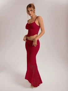 Aloruh 女士度假和婚礼季节蕾丝透视不对称下摆背心和低腰美人鱼荷叶边不对称下摆裙子两件套红色裙子套装两件套连衣裙 - 紅色 - 查看 3