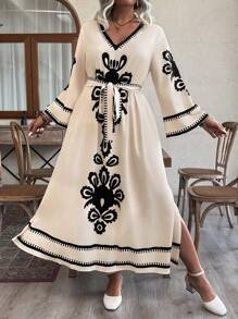 Celure Đầm Maxi Thanh Lịch In Hoa Cổ Chữ V Tay Dài Thắt Eo Cỡ Lớn Cho Nữ - Màu be - Xem 3