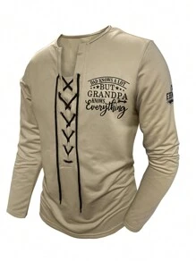 Manfinity Homme Men's Spring Summer Slogan Print Drawstring Long Sleeve Casual T-Shirt - Khaki - View 1