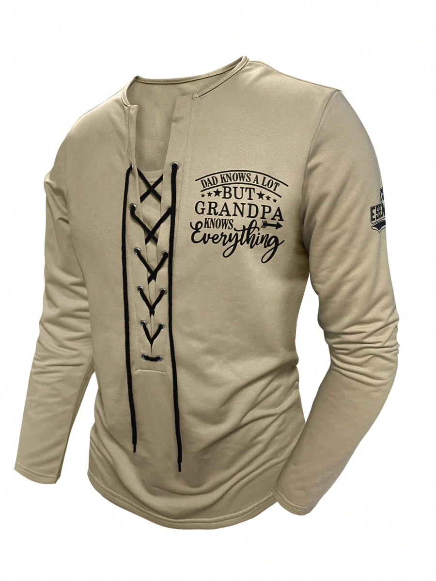 Manfinity Homme Men's Spring Summer Slogan Print Drawstring Long Sleeve Casual T-Shirt - Khaki - View 1