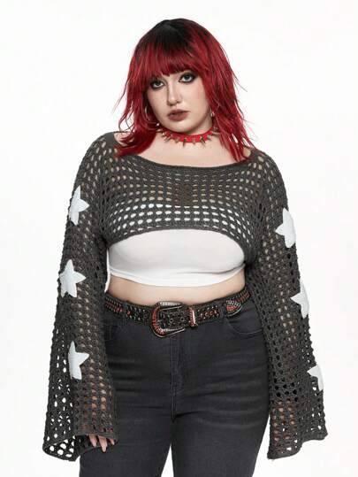 Grunge Punk غطاء كروشيه قصير مطرز بنجوم مع أكمام واسعة وفتحات للمرأة ذات الحجم الكبير