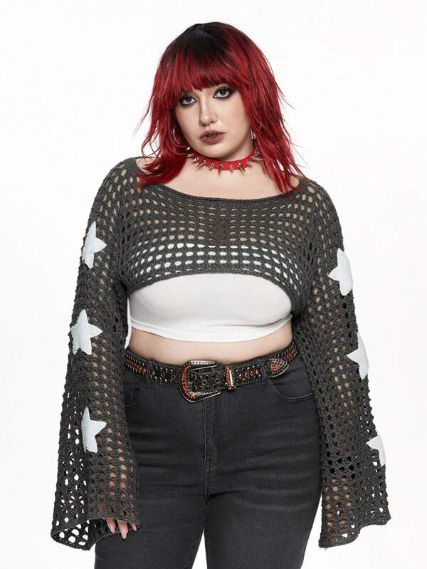 ROMWE Grunge Punk Plus Size Women Star Embroidery Flare Sleeve Hollow Out Knit Cropped Cover Up