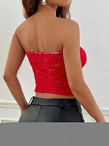 SHEIN EZwear Áo crop top ren mùa hè dành cho nữ - Đỏ - Xem 2