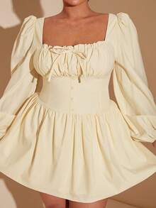 SHEIN BAE 大码女装辣妹甜美女孩长袖弹力编织后盖纯色甜美吊带夏日度假时尚街头约会短裙 - 黃色 - 查看 7