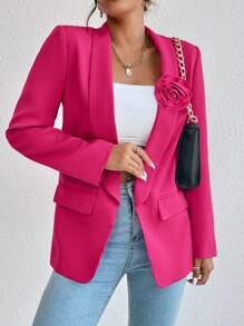 Calvaya Women's Spring/Autumn Solid Color Lapel Collar Long Sleeve Jacket With 3D Floral Brooch Decor