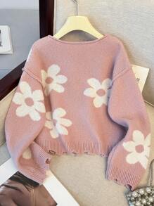 Tween Girls Pink & White Floral Jacquard Embellished Loose Raglan Sweater, Winter - Pink - View 2