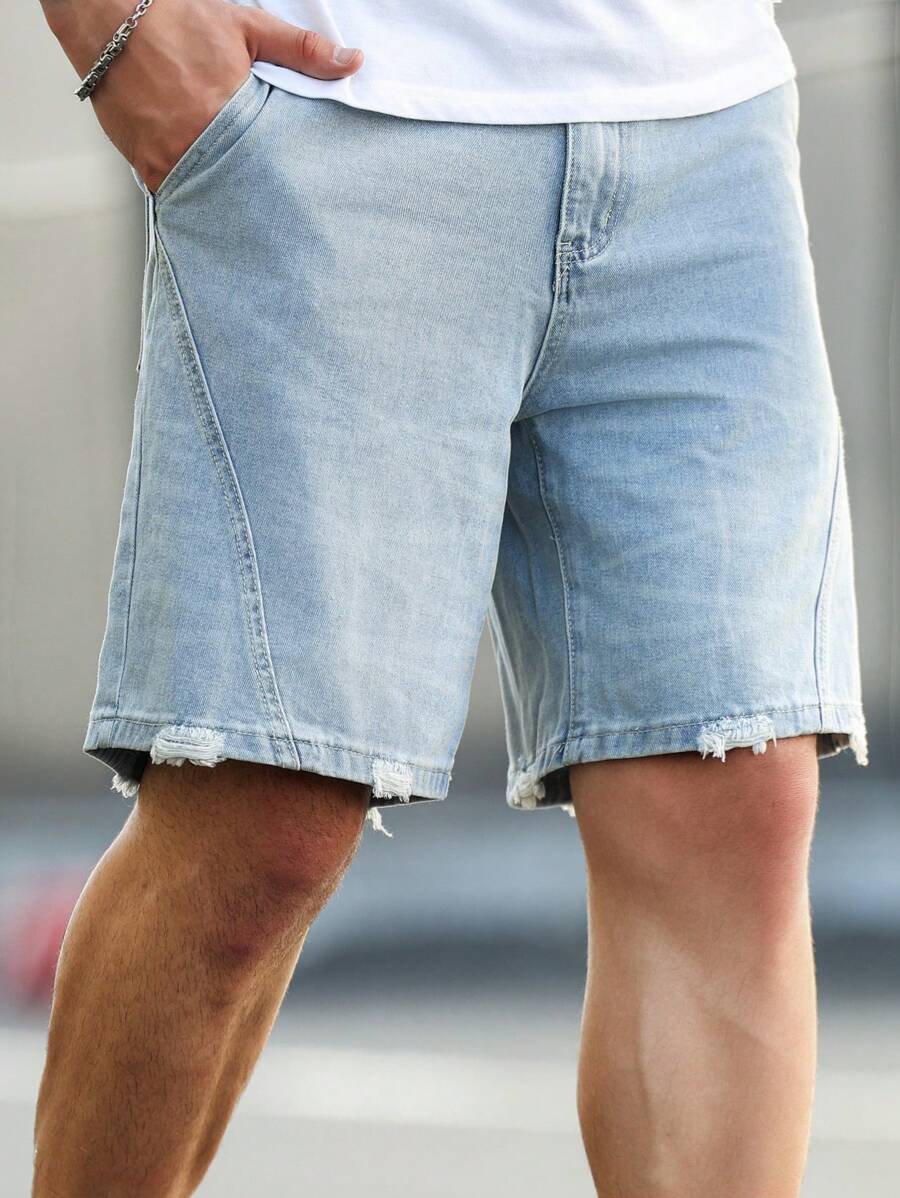 Manfinity Homme 男士休闲夏季洗水破洞牛仔短裤