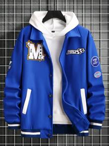 Manfinity Campus Court Áo khoác vá chữ thường ngày cho nam, Mùa thu, Áo khoác nam, Quần áo nam mùa thu và đông, Áo khoác nam mùa đông, Quà tặng bạn trai, Áo khoác xanh - Màu xanh lam - Xem 1