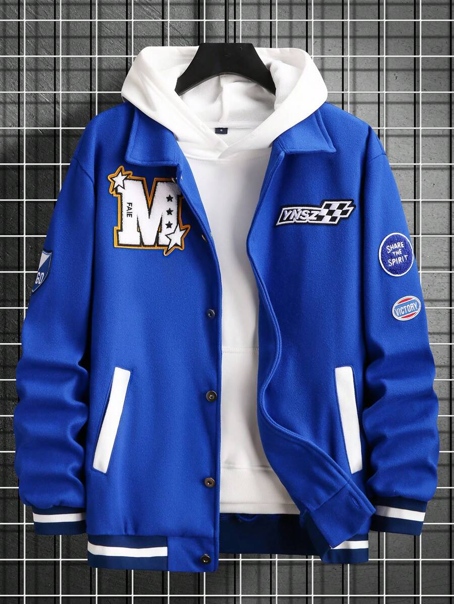 Manfinity Campus Court 男士休闲字母贴布夹克，秋季，男士夹克，秋冬男装，冬季男士夹克，男友礼物，蓝色夹克 - 藍色 - 查看 1