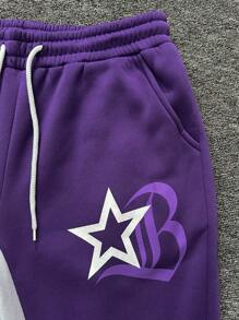 PAVTROS Manfinity Streetrush Men's Flared Sweatpants With Five-Pointed Star Print And Drawstring Waist, Thermal Lined Going Out Fashion Long Baggy Flared Color Block Sweatpants, For Husband, Boyfriend Gifts