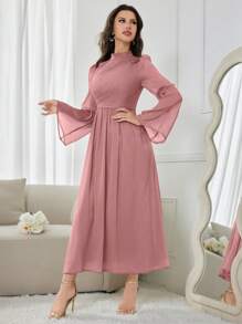 Modelyn 女士优雅纯色喇叭袖长款秋季连衣裙，春季长款晚礼服 - 粉色 - 查看 3