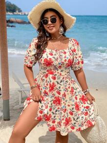 Breezaya Plus Size Front Tie Short Sleeve Floral Allover Print Casual Vacation Dress