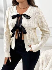 SHEIN Privé Plus Size Women Apricot Open Front Bowknot Cable Knit Sweater - White - View 1
