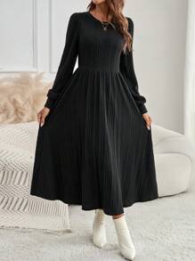 EMERY ROSE Women Spring & Summer Fall Solid Color Round Neck Long Sleeve Rib Casual Midi Winter Autumn Dress