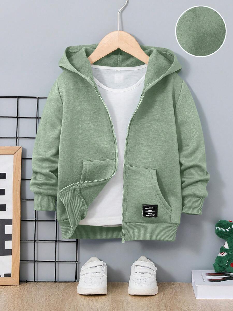 SHEIN 适合年轻男孩的休闲舒适连帽拉链运动衫 - 綠色 - 查看 1