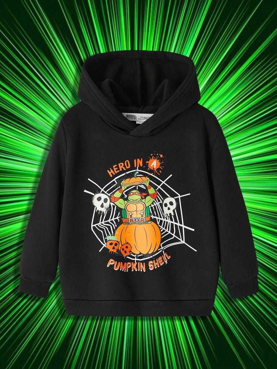 TEENAGE MUTANT NINJA TURTLES | SHEIN Young Boy Halloween Pumpkin Cartoon Pattern Hooded Sweatshirt, Suitable For Autumn And Winter - Black - View 1