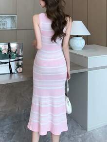 Ladies' Ribbed Color Blocked Slim Fit Vest, Elegant Round Neck Sleeveless Spring/Summer Dress Suitable For Spring/Summer/Autumn - Baby Pink - View 2