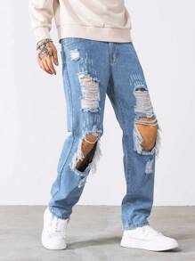 Manfinity LEGND Plus Size Distressed Minimalist Denim Jeans, Casual Daily Wear, Frayed Jeans Plain Long Ripped Light Blue Cargo Jeans, For Husband, Boyfriend Gifts - Light Wash - View 7