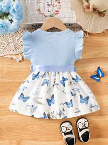 SHEIN Baby Girls' Casual  Everyday All-Match Versatile Cute Butterfly Print Dress With Belt, Suitable For Outing - Blue - View 2