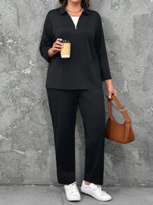 Bộ 2 chiếc áo khoác có khóa kéo thường ngày cỡ lớn và quần đa năng - màu đen - Xem 1