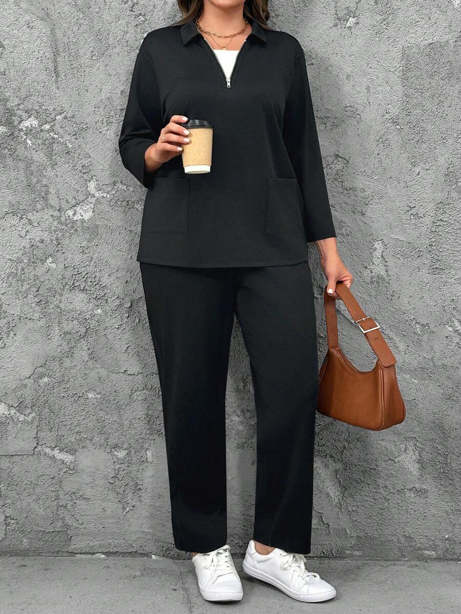 Bộ 2 chiếc áo khoác có khóa kéo thường ngày cỡ lớn và quần đa năng - màu đen - Xem 1