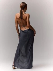 MUSERA 性感高领开衩长裙，可爱春夏派对外出度假长裙，优雅毕业舞会礼服 - 灰色 - 查看 2