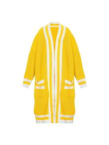 Chaqueta de punto casual de otoño de talla grande, tipo patchwork con bloqueo de color y 2 bolsillos - Amarillo - Ver 4