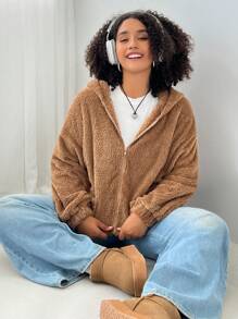 SHEIN EZwear 温暖蓬松连帽夹克，带可爱熊耳朵，加大码，秋冬 - 卡其色 - 查看 5