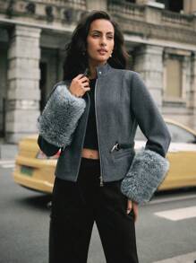 Anewsta Autumn Fashionable Patchwork Cropped Knitted Jacket - Grey - View 4