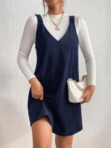 SHEIN Essnce Solid Color Loose Spaghetti Strap Mini Dress, Casual Daily Wear - Navy Blue - View 1