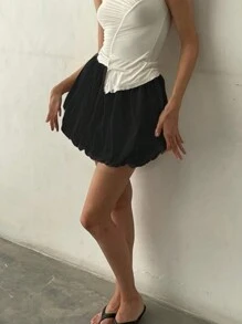 Rina Fox 女士纯色松紧腰褶皱短裙，黑色 - 黑色 - 查看 3