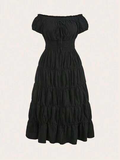 SHEIN EZwear Plus Size Women's Solid Color Off Shoulder Short Sleeve Ruffle Hem Dress For Summer ,Black Dress