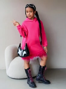 Tween Girls Street Style Thermal Lined Hooded Pullover Sweatshirt Dress, Fall/Winter - Hot Pink - View 7