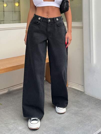 RueChic 100% Cotton Side Drawstring Denim Wide Leg Jeans