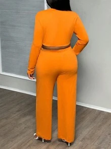 Slaydiva Layr Plus Size Casual Solid Color Fitted Bright Orange Basic Crew Neck Cropped Long Sleeve Top And High Waist Ruched Wide Leg Pants Fall Two Pieces Set
